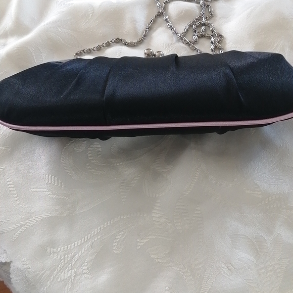 NWOT, black clutch with pink piping and silver colored chain shoulder strap - Picture 3 of 10